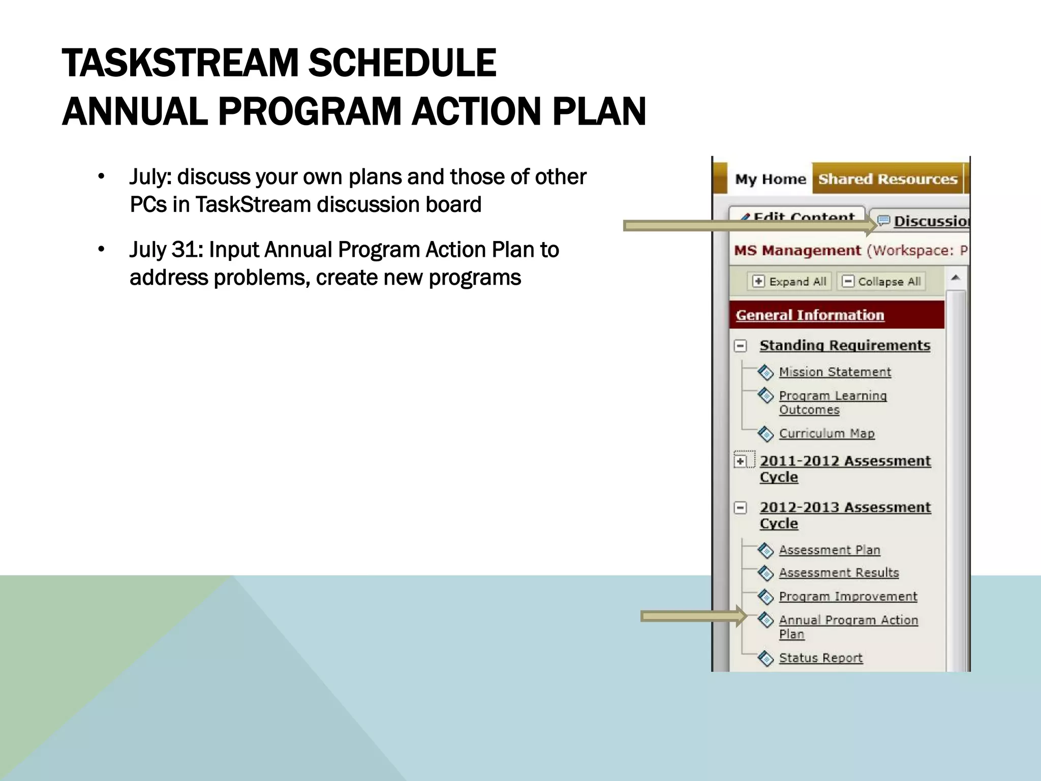 TASKSTREAM SCHEDULE
ANNUAL PROGRAM ACTION PLAN
 •   July: discuss your own plans and those of other
     PCs in TaskStream discussion board
 •   July 31: Input Annual Program Action Plan to
     address problems, create new programs
 