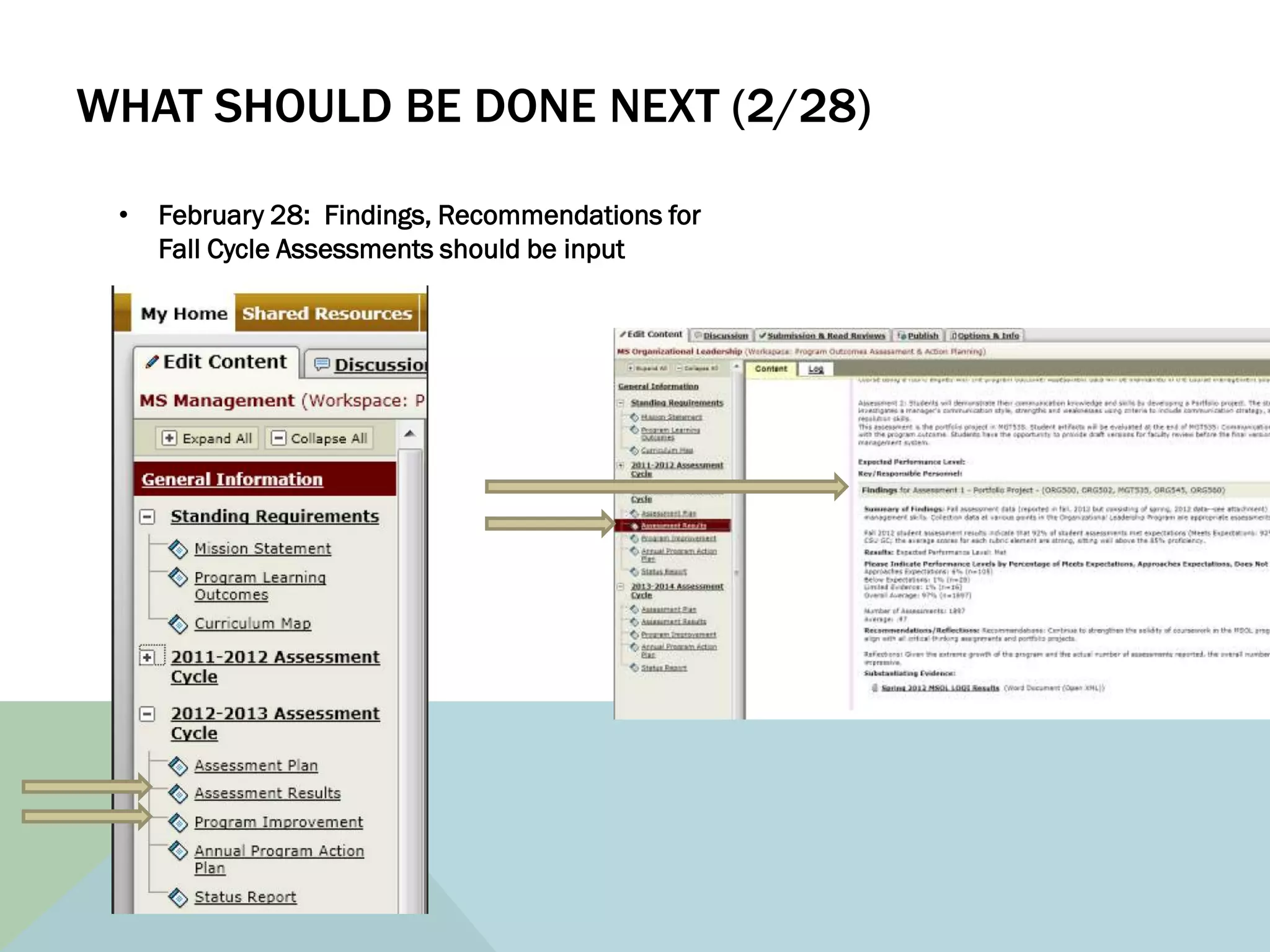 WHAT SHOULD BE DONE NEXT (2/28)

 •   February 28: Findings, Recommendations for
     Fall Cycle Assessments should be input
 