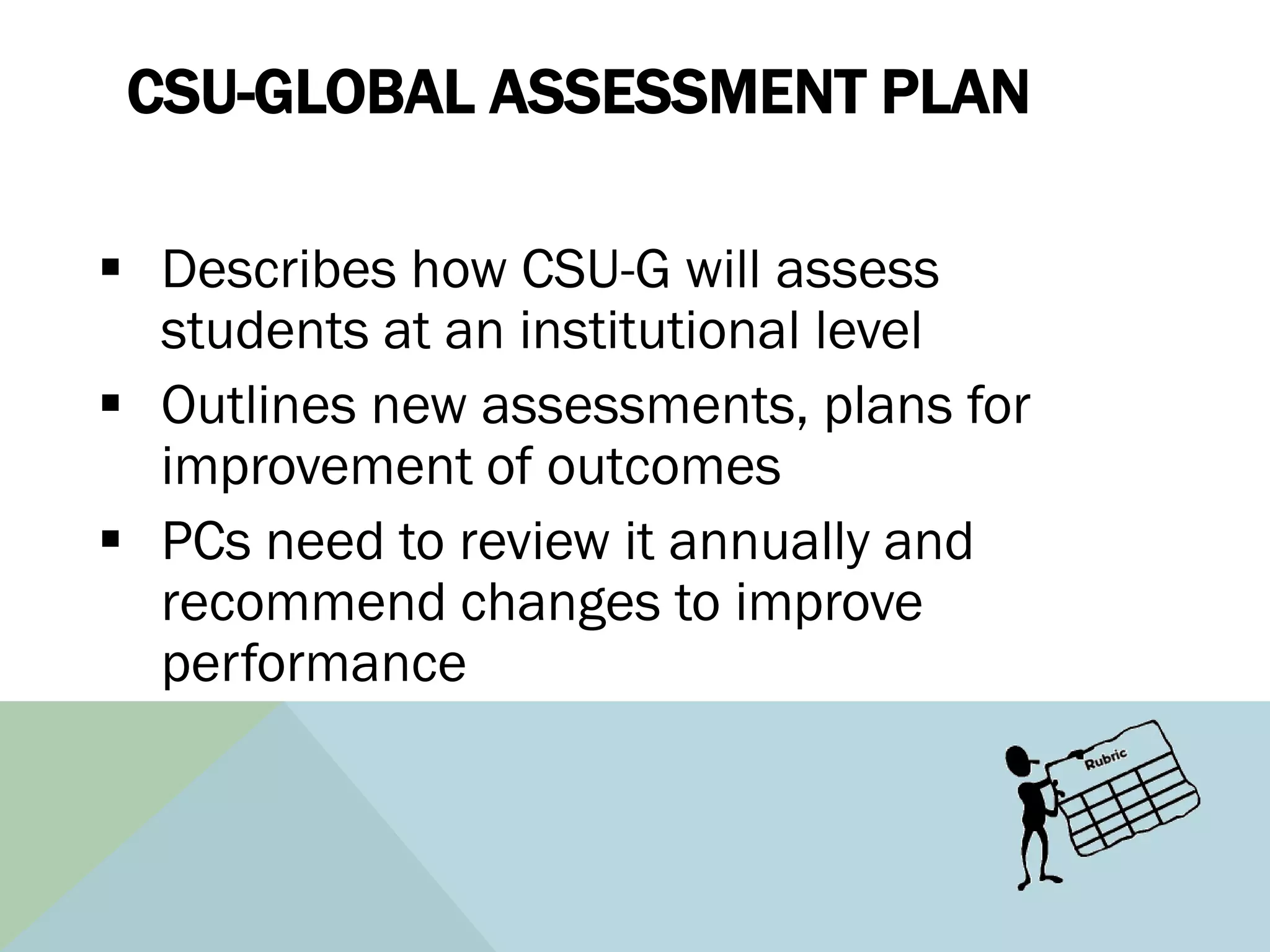 CSU-GLOBAL ASSESSMENT PLAN

 Describes how CSU-G will assess
  students at an institutional level
 Outlines new assessments, plans for
  improvement of outcomes
 PCs need to review it annually and
  recommend changes to improve
  performance
 