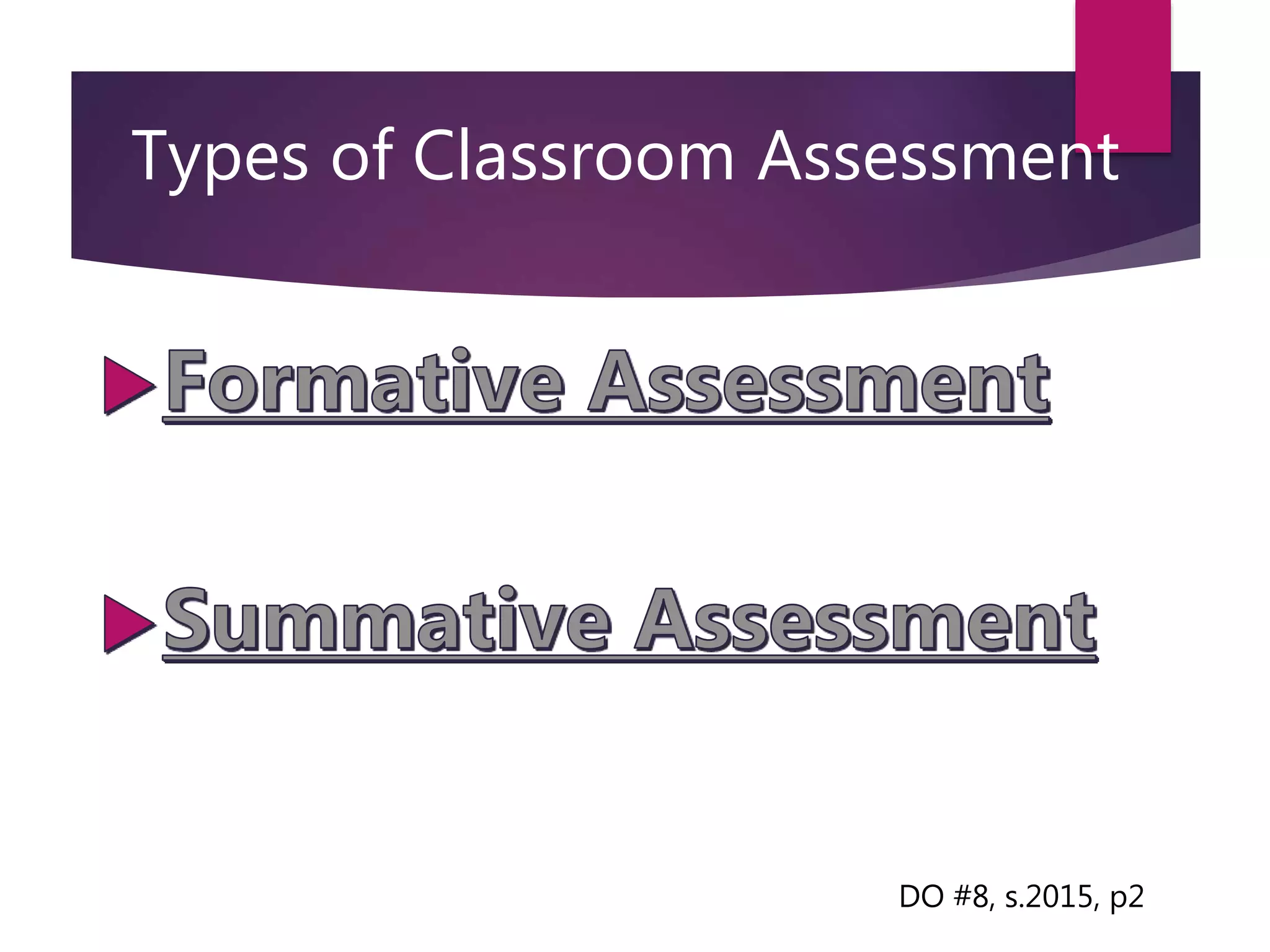 Types of Classroom Assessment
DO #8, s.2015, p2
 