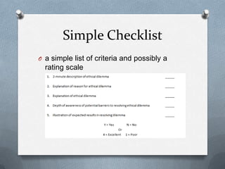 Simple Checklist
O a simple list of criteria and possibly a
  rating scale
 