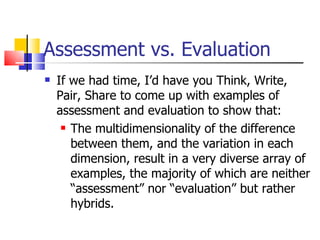 Assessment vs. Evaluation If we had time, I’d have you Think, Write, Pair, Share to come up with examples of assessment and evaluation to show that: The multidimensionality of the difference between them, and the variation in each dimension, result in a very diverse array of examples, the majority of which are neither “assessment” nor “evaluation” but rather hybrids. 