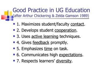 Good Practice in UG Education  (after Arthur Chickering & Zelda Gamson 1989) 1. Maximizes student/faculty  contact . 2. Develops student  cooperation . 3. Uses  active learning  techniques. 4. Gives  feedback  promptly. 5. Emphasizes  time  on task. 6. Communicates high  expectations . 7. Respects learners’  diversity . 