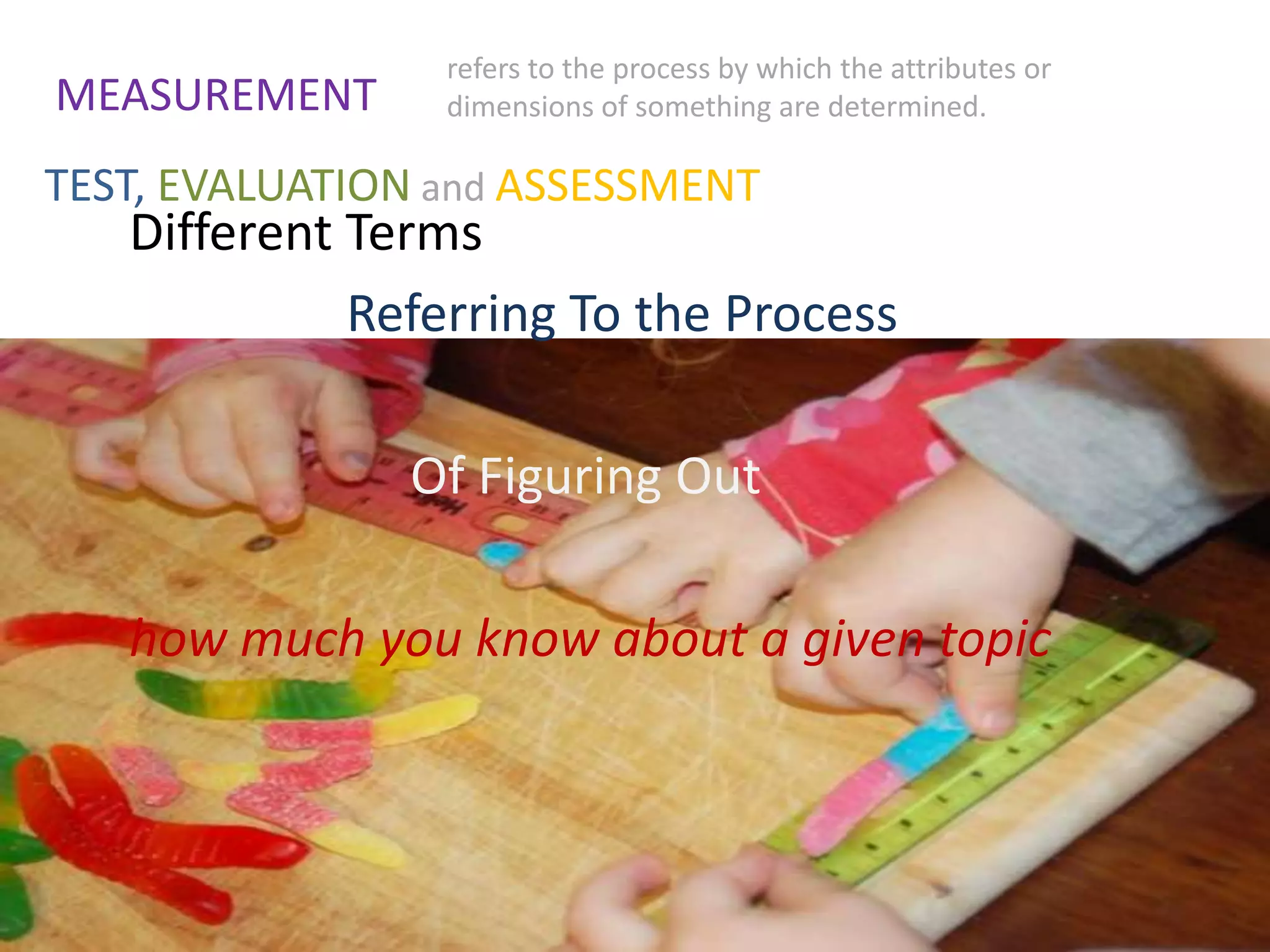 MEASUREMENT

refers to the process by which the attributes or
dimensions of something are determined.

TEST, EVALUATION and ASSESSMENT

Different Terms
Referring To the Process
Of Figuring Out
how much you know about a given topic

 