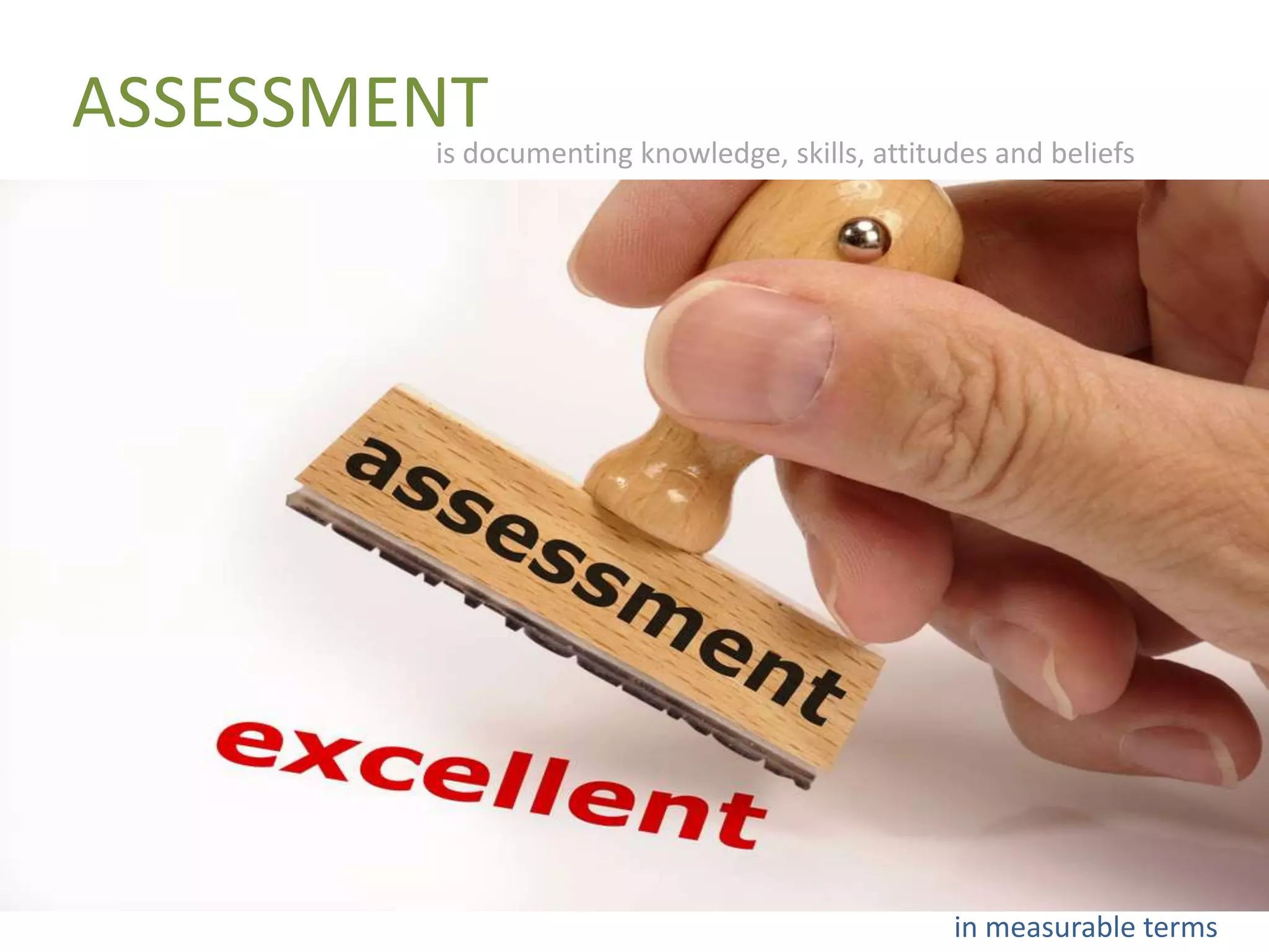 ASSESSMENT
is documenting knowledge, skills, attitudes and beliefs

in measurable terms

 