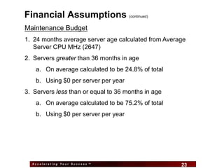 Financial Assumptions                 (continued)


Maintenance Budget
1. 24 months average server age calculated from Average
   Server CPU MHz (2647)
2. Servers greater than 36 months in age
    a. On average calculated to be 24.8% of total
    b. Using $0 per server per year
3. Servers less than or equal to 36 months in age
    a. On average calculated to be 75.2% of total
    b. Using $0 per server per year




  Accelerating Your Success ™
                                23                   23
 