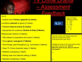 TV Crime Drama
                                          – Assessment
Task 02
                                            Feedback
                                                                                Total of 16 Marks
• Explicit use of binary opposite (2 marks)                                     Grade Boundaries
                                                                                17 – 16 A*
•Locations relevant to genre (2 marks)                                          13 – 15 A
                                                                                10 – 12 B
• Detailed mise-en-scene (2 marks)                                              7–9 C
                                                                                3–6 D
                                                                                2–1 E
• Appropriate for audience; Bulmer & Katz (2 Marks)                             0 U

•Referenceto Todorov (2 Marks)
                                                          Read the answer and highlight where the
• Title relates to characters and mood (1 Marks)          response would score a mark.
                                                          What grade does it get? Why?
• Clear genre / sub-genre (1 Marks)
• Terminology used throughout e.g. connotation (1Marks)   Highlight the areas on the mark scheme where
                                                          you need to improve your Task 02
                                                          What two areas are you going to improve
• Clear TV Crime character types (1 Marks)                this lesson?
• Realistic scheduling (1 Mark)                           1.

• Setting clear and relevant setting (1 Mark)
• Realistic scheduling (1 Mark)                           2.
 