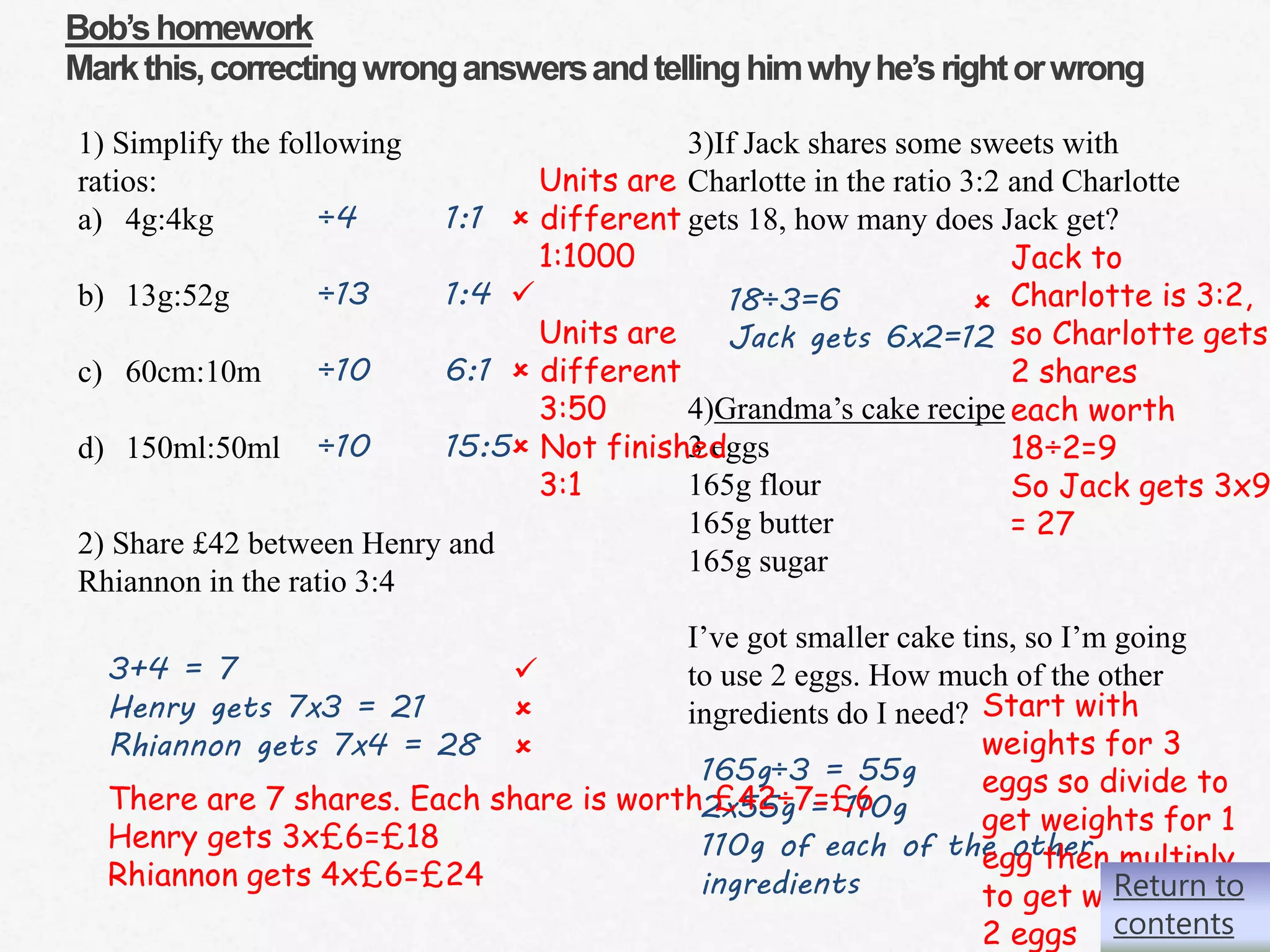 36|
Bob’shomework
Markthis,correctingwronganswersandtellinghimwhyhe’srightorwrong
1) Simplify the following
ratios:
a) 4g:4kg
b) 13g:52g
c) 60cm:10m
d) 150ml:50ml
2) Share £42 between Henry and
Rhiannon in the ratio 3:4
3)If Jack shares some sweets with
Charlotte in the ratio 3:2 and Charlotte
gets 18, how many does Jack get?
4)Grandma’s cake recipe
3 eggs
165g flour
165g butter
165g sugar
I’ve got smaller cake tins, so I’m going
to use 2 eggs. How much of the other
ingredients do I need?
÷4 1:1
÷13 1:4
÷10 6:1
÷10 15:5
3+4 = 7
Henry gets 7x3 = 21
Rhiannon gets 7x4 = 28
18÷3=6
Jack gets 6x2=12
165g÷3 = 55g
2x55g = 110g
110g of each of the other
ingredients
Units are
 different
1:1000

Units are
 different
3:50
 Not finished
3:1



There are 7 shares. Each share is worth £42÷7=£6
Henry gets 3x£6=£18
Rhiannon gets 4x£6=£24
Jack to
Charlotte is 3:2,
so Charlotte gets
2 shares
each worth
18÷2=9
So Jack gets 3x9
= 27


Start with
weights for 3
eggs so divide to
get weights for 1
egg then multiply
to get weights for
2 eggs
Return to
contents
 