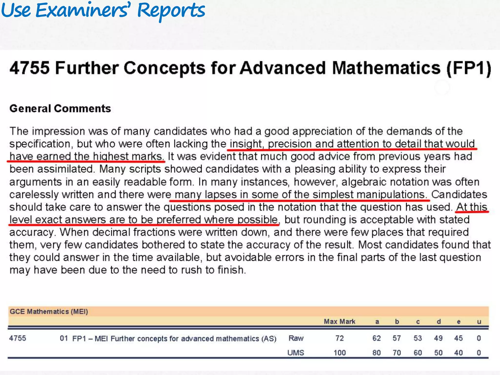 56|
Use Examiners’ Reports
 