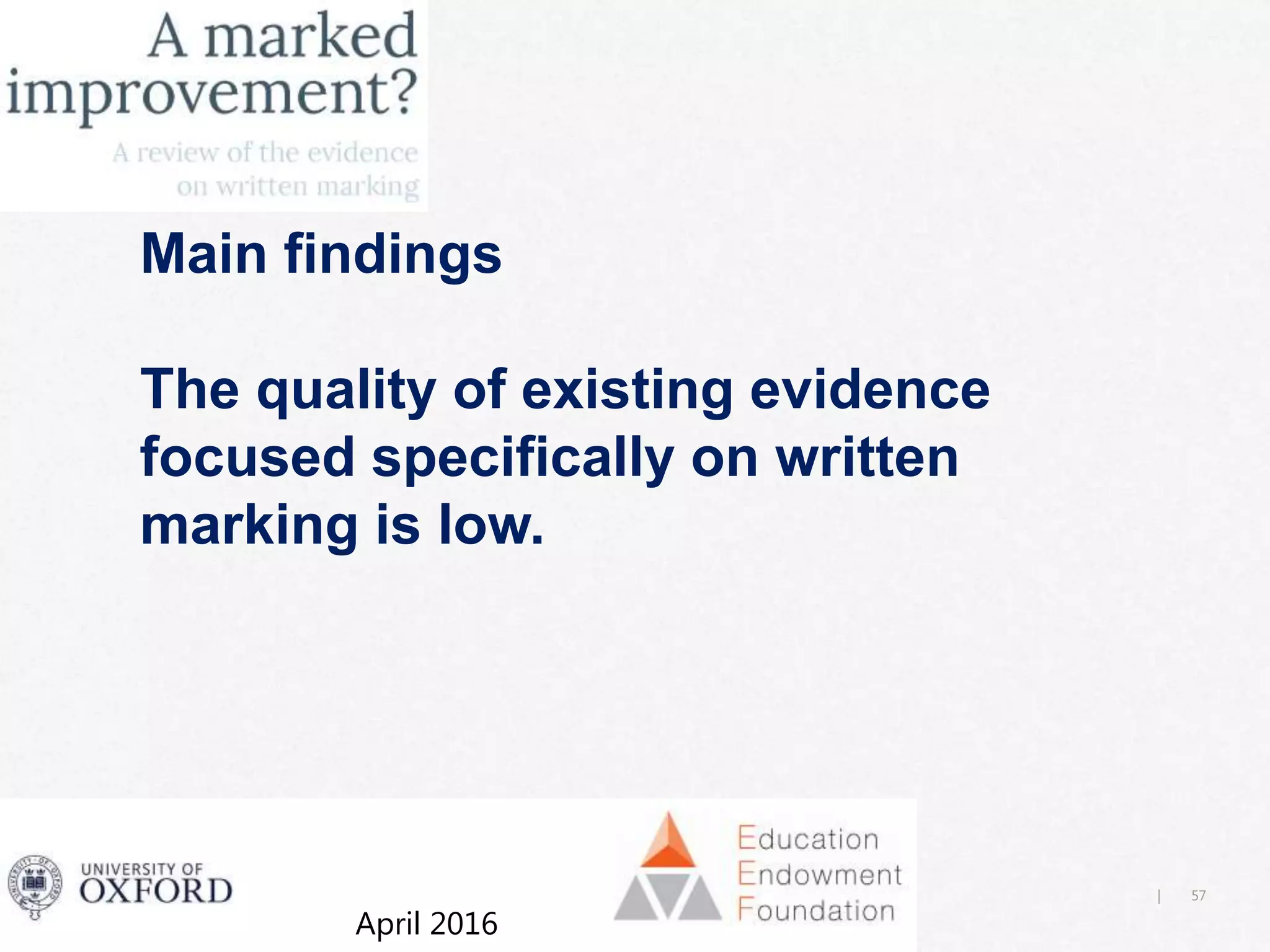 57|
Main findings
The quality of existing evidence
focused specifically on written
marking is low.
April 2016
 