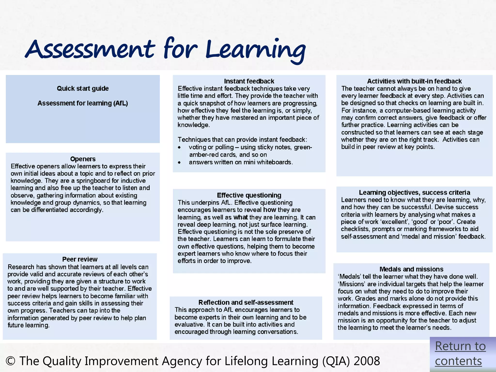 75|
Assessment for Learning
Return to
contents© The Quality Improvement Agency for Lifelong Learning (QIA) 2008
 