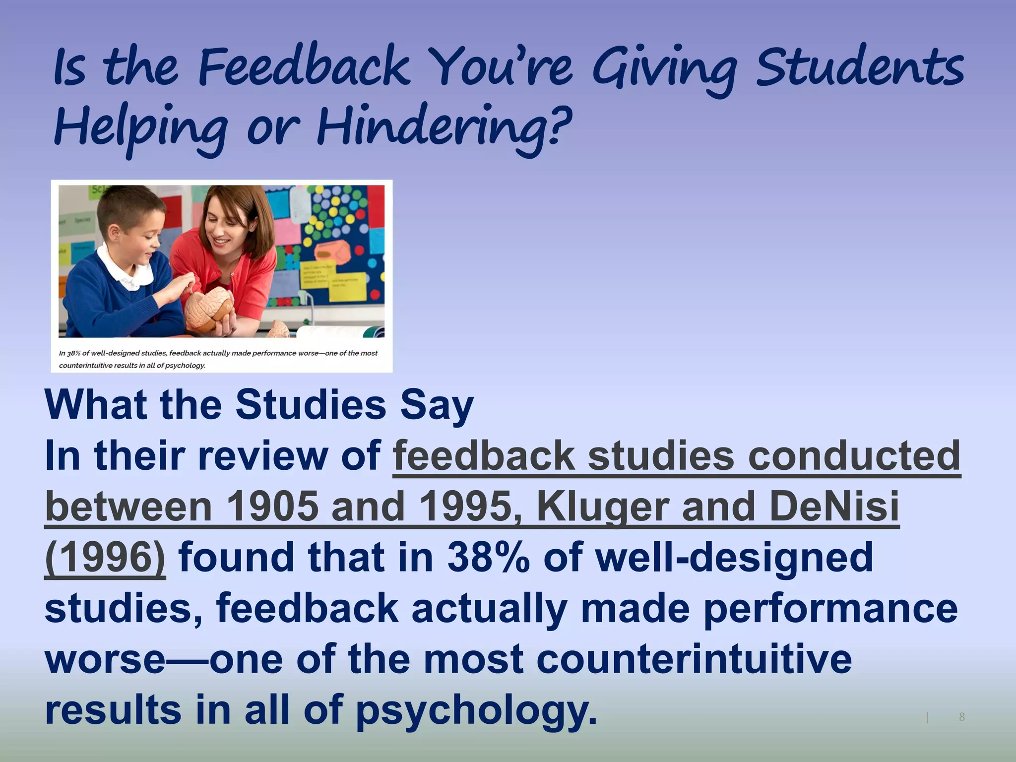 8|
Is the Feedback You’re Giving Students
Helping or Hindering?
What the Studies Say
In their review of feedback studies conducted
between 1905 and 1995, Kluger and DeNisi
(1996) found that in 38% of well-designed
studies, feedback actually made performance
worse—one of the most counterintuitive
results in all of psychology.
 