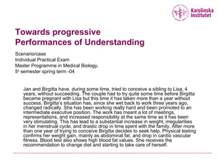 Towards progressive
Performances of Understanding
Scenario/case
Individual Practical Exam
Master Programme in Medical Biology,
5th
semester spring term -04
Jan and Birgitta have, during some time, tried to conceive a sibling to Lisa, 4
years, without succeeding. The couple had to try quite some time before Birgitta
became pregnant with Lisa but this time it has taken more than a year without
success. Birgitta’s situation has, since she wet back to work three years ago,
changed radically. She has been working really hard and been promoted to an
intermediate executive position. The work has meant a lot of meetings,
representations, and increased responsibility at the same time as it has been
very stimulating. This has lead to a substantial increase in weight, irregularities
in her menstrual cycle, and drastic drop in time spent with the family. After more
than one year of trying to conceive Birgitta decides to seek help. Physical testing
confirms her weight gain, mainly as abdominal fat, and drop in cardio vascular
fitness. Blood test also shows high blood fat values. She receives the
recommendation to change diet and starting to take care of herself.
 