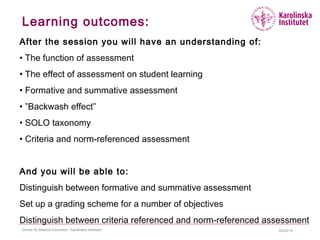 04/22/15Centre for Medical Education, Karolinska Institutet
Learning outcomes:
After the session you will have an understanding of:
• The function of assessment
• The effect of assessment on student learning
• Formative and summative assessment
• ”Backwash effect”
• SOLO taxonomy
• Criteria and norm-referenced assessment
And you will be able to:
Distinguish between formative and summative assessment
Set up a grading scheme for a number of objectives
Distinguish between criteria referenced and norm-referenced assessment
 