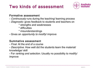 04/22/15Centre for Medical Education, Karolinska Institutet
Two kinds of assessment
Formative assessment
- Continuously runs during the teaching/ learning process
- Diagnostic: gives feedback to students and teachers on
* strengths and weaknesses
* difficulties
* misunderstandings
- Gives an opportunity to modify/ improve
Summative assessment
- Final. At the end of a course
- Descriptive. How well did the students learn the material/
knowledge/ skill
- For ranking and selection. Usually no possibility to modify/
improve
 