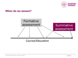 04/22/15Centre for Medical Education, Karolinska Institutet 22 april 2015 8
When do we assess?
Formative
assessment Summative
assessment
Course/Education
 