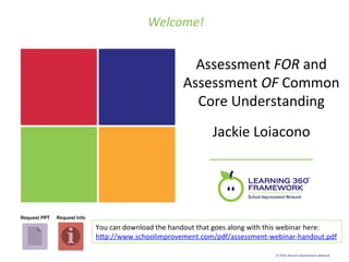 Welcome!	
  


                                                                    Assessment	
  FOR	
  and	
  
                                                                  Assessment	
  OF	
  Common	
  
                                                                    Core	
  Understanding	
  	
  
                                                                                                   	
  
                                                                               Jackie	
  Loiacono	
  




Request PPT   Request Info
                             You	
  can	
  download	
  the	
  handout	
  that	
  goes	
  along	
  with	
  this	
  webinar	
  here:	
  
                             h;p://www.schoolimprovement.com/pdf/assessment-­‐webinar-­‐handout.pdf	
  

                                                                                                          © 2012 School Improvement Network
 