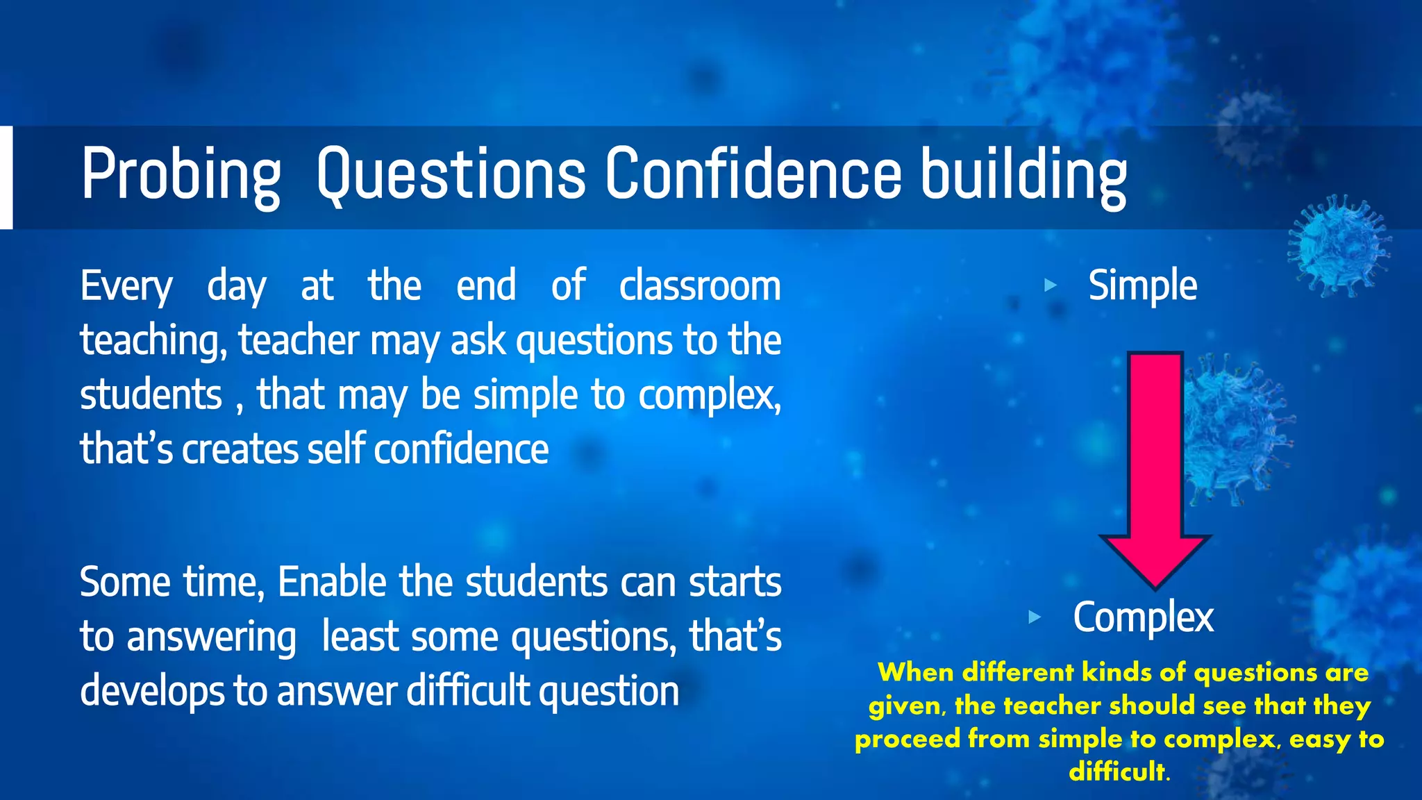 Probing Questions Confidence building
Every day at the end of classroom
teaching, teacher may ask questions to the
students , that may be simple to complex,
that’s creates self confidence
Some time, Enable the students can starts
to answering least some questions, that’s
develops to answer difficult question
▸ Simple
▸ Complex
When different kinds of questions are
given, the teacher should see that they
proceed from simple to complex, easy to
difficult.
 