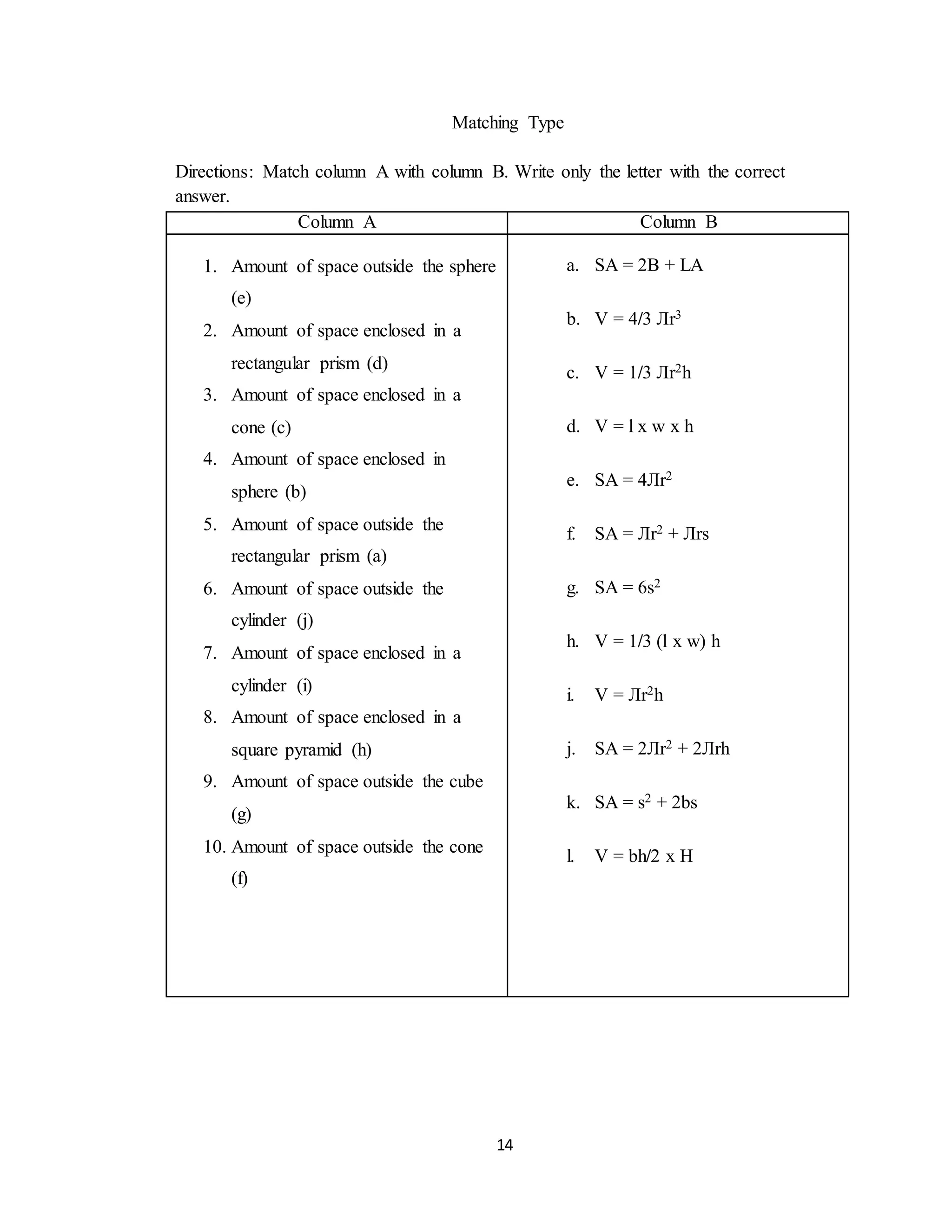14
Matching Type
Directions: Match column A with column B. Write only the letter with the correct
answer.
Column A Column B
1. Amount of space outside the sphere
(e)
2. Amount of space enclosed in a
rectangular prism (d)
3. Amount of space enclosed in a
cone (c)
4. Amount of space enclosed in
sphere (b)
5. Amount of space outside the
rectangular prism (a)
6. Amount of space outside the
cylinder (j)
7. Amount of space enclosed in a
cylinder (i)
8. Amount of space enclosed in a
square pyramid (h)
9. Amount of space outside the cube
(g)
10. Amount of space outside the cone
(f)
a. SA = 2B + LA
b. V = 4/3 Лr3
c. V = 1/3 Лr2h
d. V = l x w x h
e. SA = 4Лr2
f. SA = Лr2 + Лrs
g. SA = 6s2
h. V = 1/3 (l x w) h
i. V = Лr2h
j. SA = 2Лr2 + 2Лrh
k. SA = s2 + 2bs
l. V = bh/2 x H
 