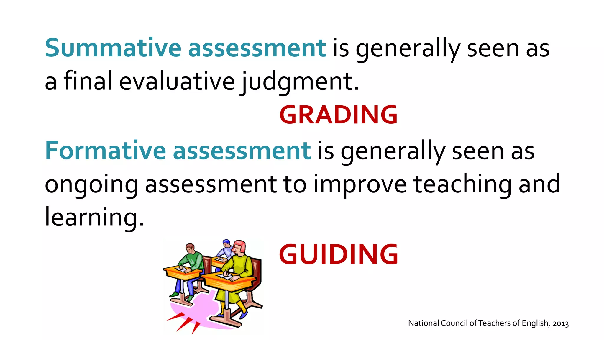 Summative assessment is generally seen as
a final evaluative judgment.
Formative assessment is generally seen as
ongoing assessment to improve teaching and
learning.
National Council ofTeachers of English, 2013
GRADING
GUIDING
 