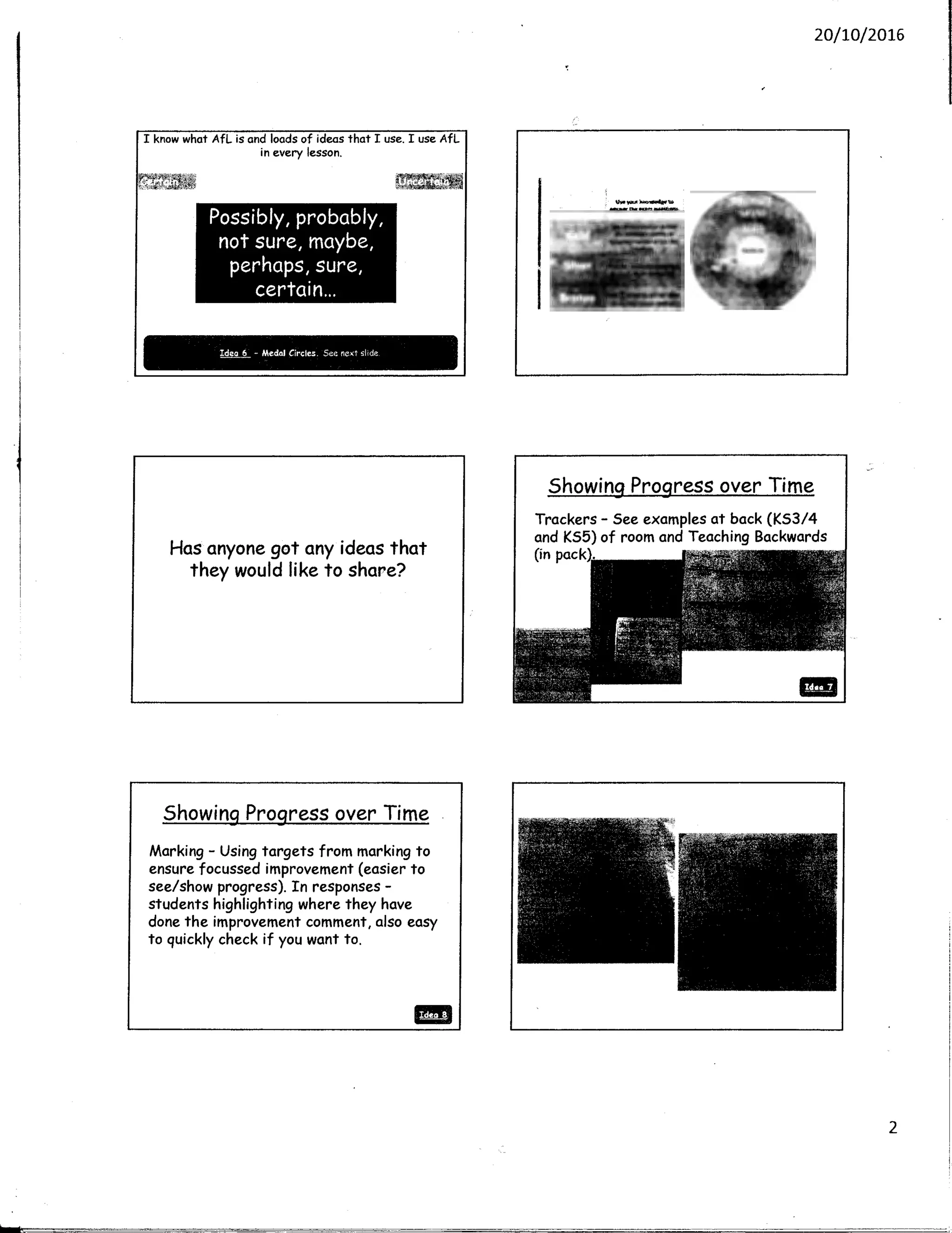 I
j
I
i
i
I know what AfL is and loads of ideas that I use. I use AfL
in every lesson.
Possibly, probably,
not sure, maybe,
perhaps, sure,
certain...
Idea 6 - Medol Circles. See next slide
Has anyone got any ideas that
they would like to share?
Showing Progress over Time
Marking- Using targets from marking to
ensure focussed improvement (easier to
see/show progress). In responses-
students highlighting where they have
done the improvement comment, also easy
to quickly check if you want to.
11!1
20/10/2016
Showing Progress over Time
Trackers- See examples at back (KS3/4
and KS5) of room and Teaching Backwards
(in
Ill
2
 