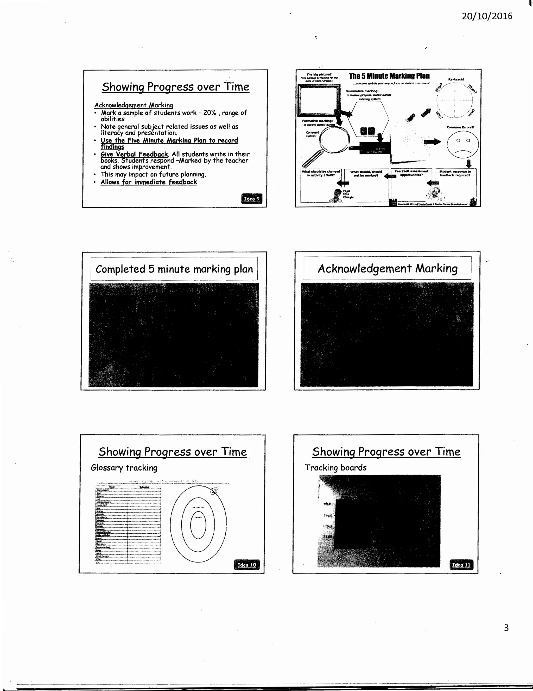 Showing Progress over Time
Acknowledgement Marking
Mark a sample of students work - 20% , range of
abilities
• Note general subject related issues as well as
literacy and presentation.
Use the Five Minute Marking Plan to record
~
Give Verbal Feedback. All students write in their
bookS. Students respond -Marked by the teacher
and shows improvement.
This may impact on future planning.
Allows for immediate feedback
1111
i Completed 5 minute marking plan
Showing Progress over Time
Glossary tracking
~
-
~...
20/10/2016
Theltlgpicture?
{n..Pt11P<J$6DFnurl:nglor-
,..uDF-t/PfDJ!ICf')
The 5Minute Marking Plan
_..priltrondscribblel'C>rH_,IOfocus...,uloiCWnrll~..,..,.nt•
SummHiv•martring:
to-.(~)ll!Mnt,__,
~

Re-t.Kh?
i/ ···~
1
____ ,'/
Common Errors?!
~
•studetttnsponseb:l
fHdbac:k required?
Acknowledgement Marking
Showing Progress over Time
Tracking boards
1111
3
 