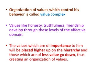 • Organization of values which control his
behavior is called value complex.
• Values like honesty, truthfulness, friendship
develop through these levels of the affective
domain.
• The values which are of importance to him
will be placed higher up on the hierarchy and
those which are of less value go down, thus
creating an organization of values.
 