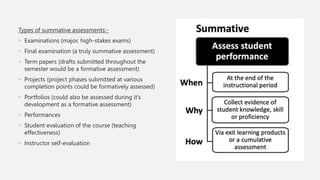 Types of summative assessments:-
• Examinations (major, high-stakes exams)
• Final examination (a truly summative assessment)
• Term papers (drafts submitted throughout the
semester would be a formative assessment)
• Projects (project phases submitted at various
completion points could be formatively assessed)
• Portfolios (could also be assessed during it’s
development as a formative assessment)
• Performances
• Student evaluation of the course (teaching
effectiveness)
• Instructor self-evaluation
 