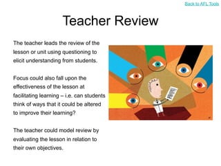 Back to AFL Tools



                     Teacher Review
The teacher leads the review of the
lesson or unit using questioning to
elicit understanding from students.


Focus could also fall upon the
effectiveness of the lesson at
facilitating learning – i.e. can students
think of ways that it could be altered
to improve their learning?


The teacher could model review by
evaluating the lesson in relation to
their own objectives.
 
