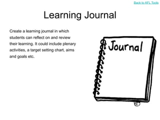 Back to AFL Tools



                     Learning Journal
Create a learning journal in which
students can reflect on and review
their learning. It could include plenary
activities, a target setting chart, aims
and goals etc.
 