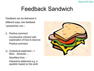 Back to AFL Tools



              Feedback Sandwich
Feedback can be delivered in
different ways, two feedback
‘sandwiches’ are –


i) Positive comment
   Constructive criticism with
   explanation of how to improve
   Positive comment


ii) Contextual statement – I
    liked….because….
   Now/Next time…
   Interactive statement e.g. a
   question based on the work
 