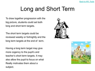 Back to AFL Tools



              Long and Short Term
To draw together progression with the
big picture, students could set both
long and short term targets.


The short term targets could be
reviewed weekly or fortnightly and the
long term targets at the end of term.


Having a long term target may give
more cogency to the pupil’s and
teacher’s short term targets. It may
also allow the pupil to focus on what
Really motivates them about a
subject.
 