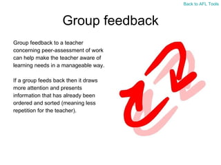 Group feedback Group feedback to a teacher  concerning peer-assessment of work  can help make the teacher aware of  learning needs in a manageable way. If a group feeds back then it draws  more attention and presents  information that has already been  ordered and sorted (meaning less  repetition for the teacher). Back to AFL Tools 