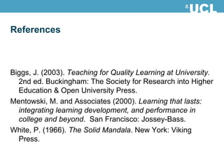 Biggs, J. (2003).  Teaching for Quality Learning at University.  2nd ed. Buckingham: The Society for Research into Higher Education & Open University Press. Mentowski, M. and Associates (2000).  Learning that lasts: integrating learning development, and performance in college and beyond .  San Francisco: Jossey-Bass. White, P. (1966).  The Solid Mandala . New York: Viking Press. References 