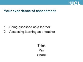 Being assessed as a learner Assessing learning as a teacher Think Pair Share Your experience of assessment 
