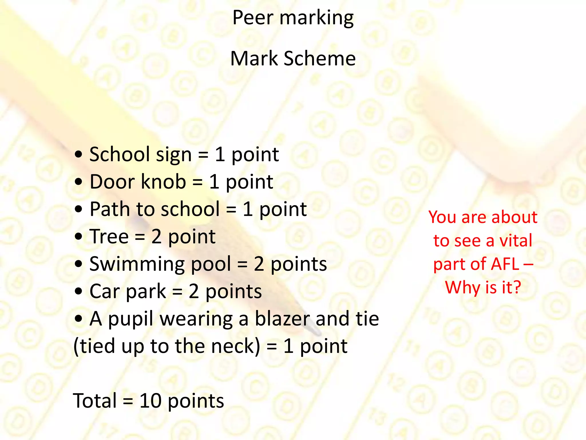 I’d like you to hold on to those answers for now:An AFL activity:Draw a picture of the school that you want to work in when you are qualifiedYou have 3 minutes