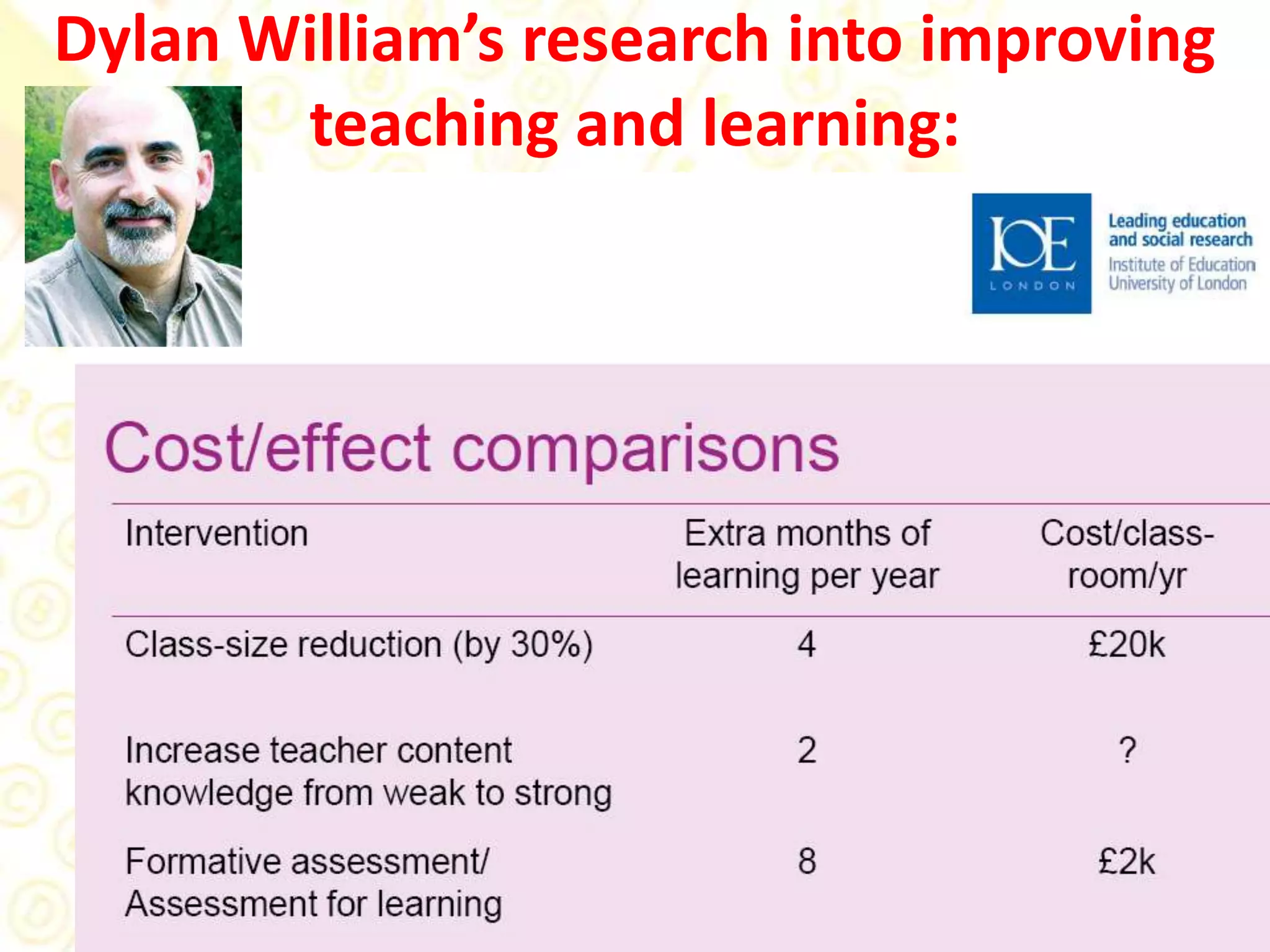 Dylan William’s research into improving teaching and learning:
