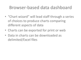 Browser-based data dashboard“Chart wizard” will lead staff through a series of choices to produce charts comparing different aspects of dataCharts can be exported for print or webData in charts can be downloaded as delimited/Excel files