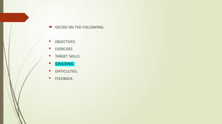  DECIDE ON THE FOLLOWING:
· OBJECTIVES
· EXERCISES
· TARGET SKILLS
· GRADING
· DIFFICULTIES.
· FEEDBACK.
 