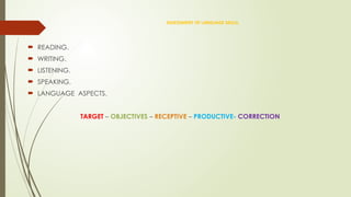 ASSESSMENT OF LANGUAGE SKILLS.
 READING.
 WRITING.
 LISTENING.
 SPEAKING.
 LANGUAGE ASPECTS.
TARGET – OBJECTIVES – RECEPTIVE – PRODUCTIVE- CORRECTION
 