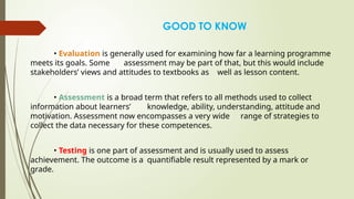 GOOD TO KNOW
• Evaluation is generally used for examining how far a learning programme
meets its goals. Some assessment may be part of that, but this would include
stakeholders’ views and attitudes to textbooks as well as lesson content.
• Assessment is a broad term that refers to all methods used to collect
information about learners’ knowledge, ability, understanding, attitude and
motivation. Assessment now encompasses a very wide range of strategies to
collect the data necessary for these competences.
• Testing is one part of assessment and is usually used to assess
achievement. The outcome is a quantifiable result represented by a mark or
grade.
 