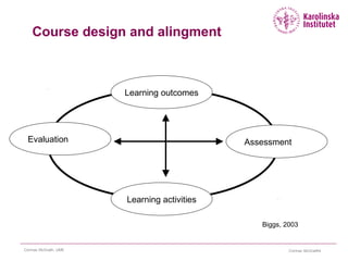 Cormac McGrathCormac McGrath, UME 14
Course design and alingment
Learning outcomes
Assessment
Learning activities
Evaluation
Biggs, 2003
 