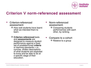 Criterion V norm-referenced assessment
 Criterion-referenced
assessment:
 How well students have learnt
what we intended them to
learn.
 Criterion-referenced tests
and assessments are
designed to measure student
performance against a fixed
set of predetermined criteria
or learning standards—i.e.,
concise, written descriptions
of what students are expected
to know and be able to do at
a specific stage of their
education.
 Norm-referenced
assessment:
 Comparing students
performances with each
other, by ranking.
 Compare to a cohort
 Relative to a group
11/24/15Centre for Medical Education, Karolinska Institutet
 