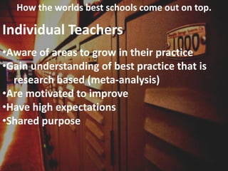 How the worlds best schools come out on top. 
Individual Teachers 
•Aware of areas to grow in their practice 
•Gain understanding of best practice that is 
research based (meta-analysis) 
•Are motivated to improve 
•Have high expectations 
•Shared purpose 
 