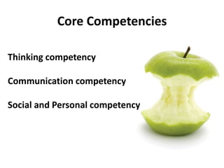 Core Competencies 
Thinking competency 
Communication competency 
Social and Personal competency 
 