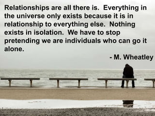 Relationships are all there is. Everything in 
the universe only exists because it is in 
relationship to everything else. Nothing 
exists in isolation. We have to stop 
pretending we are individuals who can go it 
alone. 
- M. Wheatley 
 
