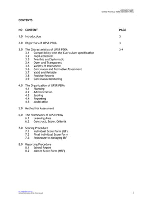 ASSESSMENT GUIDE
SCIENCE PRACTICAL WORK ASSESSMENT (PEKA)
CONTENTS
NO CONTENT PAGE
1.0 Introduction 3
2.0 Objectives of UPSR PEKA 3
3.0 The Characteristics of UPSR PEKA 3-4
3.1 Compatibility with the Curriculum specification
3.2 Pupil-centered
3.3 Feasible and Systematic
3.4 Open and Transparent
3.5 Variety of Instrument
3.6 Continuous and Formative Assessment
3.7 Valid and Reliable
3.8 Positive Reports
3.9 Continuous Monitoring
4.0 The Organization of UPSR PEKA
4.1 Planning
4.2 Administration
4.3 Scoring
4.4 Reporting
4.5 Moderation
5.0 Method for Assessment
6.0 The Framework of UPSR PEKA
6.1 Learning Area
6.2 Construct, Score, Criteria
7.0 Scoring Procedure
7.1 Individual Score Form (ISF)
7.2 Final Individual Score Form
7.3 Procedure in Managing ISF
8.0 Reporting Procedure
8.1 School Report
8.2 Master Score Form (MSF)
my_ctie@yahoo.com.my
SK KAMPONG SAWAH, 81500 PEKAN NANAS 1
 