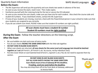 Quarterly Exam Information 
Before the Exam: 
NHPS World Languages 
• The WL Supervisor will send you the quarterly and scan sheets two weeks in advance of the test. 
• As soon as you receive the exam, read it over. Then make copies. 
• Familiarize yourself with the Listening Script for the test or secure the CD indicated. 
• As soon as you receive the scan sheets, make sure you have one for each student. Also check the course code and 
student ID numbers. If you need blank sheets, contact the WL Supervisor. 
• If many of your students are missing, incorrect, check with the PowerSchool person in your school to make sure that 
your students are assigned to you correctly. 
• If you do use a blank scan sheet, PLEASE make sure that student ID numbers are right-justified. 
All scan sheets must have a student ID number 
Student ID numbers must be right-justified 
During the Exam: Follow the teacher directions on the listening script. 
After the Exam 
• Be sure bubbles are dark and erase all extra marks. 
• Put all scan sheets FACING THE SAME DIRECTION with the little tab together. 
• DO NOT SEND IN BLANK SCAN SHEETS 
• When scan sheets are returned, all scan sheets for the same Level and Language test should be batched 
together as 1 set (all French I, all French II, etc. by course, not by individual class) 
• Put One Cover Sheet on each batched level (French 1, Spanish II, etc.) You do not need to separate them by 
section. 
DO NOT SEND IN ANY BLANK SCAN SHEETS 
PUT ALL SCAN SHEETS FACING THE SAME DIRECTION 
Scan sheets must arrive at Gateway BY the deadline. 
If mailing, send one week before the deadline. 
You may also drop them off at the front desk at Gateway, addressed 
to Jessica Haxhi. 
Thank you!! 
7 
 