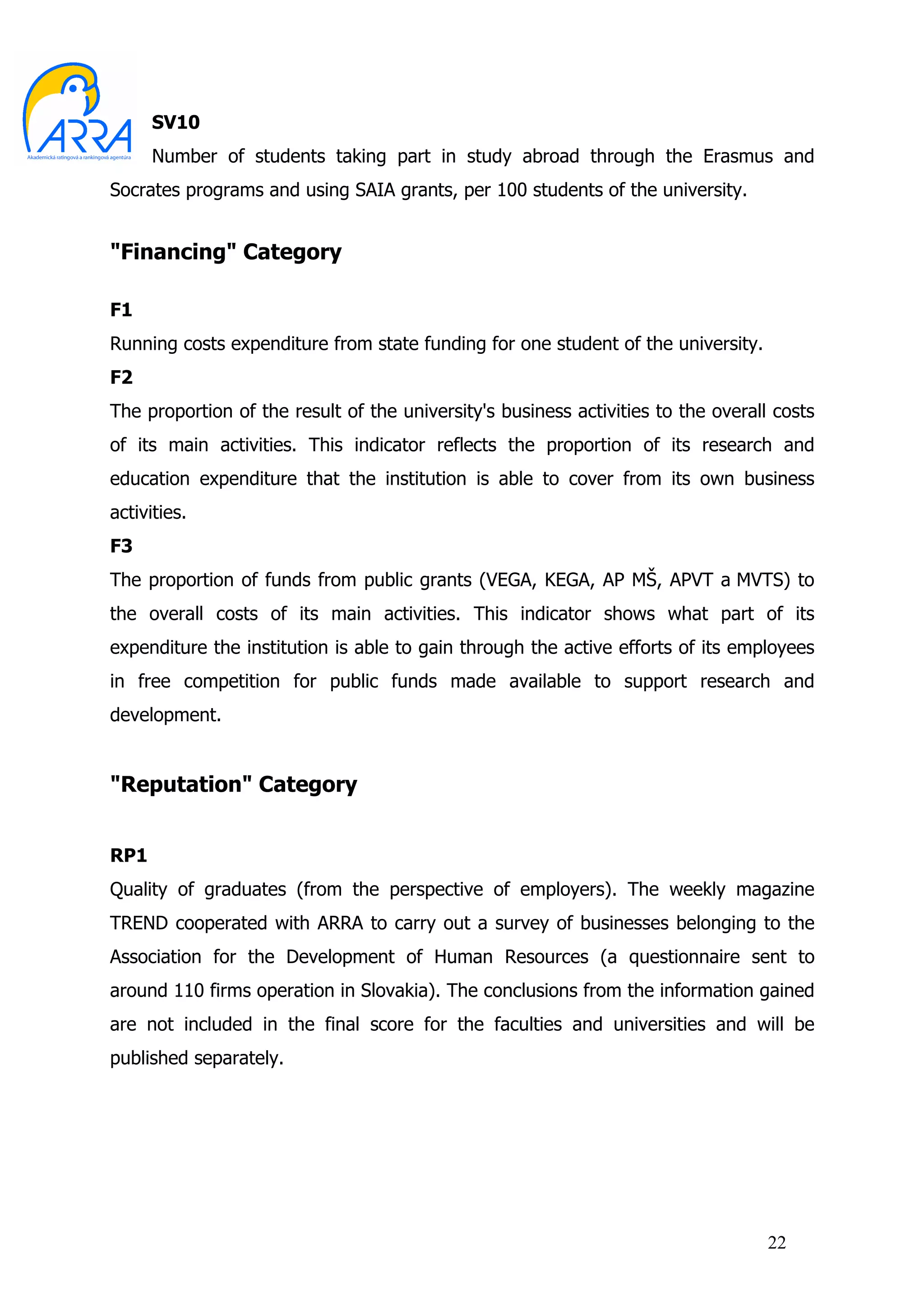 SV10
      Number of students taking part in study abroad through the Erasmus and
Socrates programs and using SAIA grants, per 100 students of the university.


"Financing" Category

F1
Running costs expenditure from state funding for one student of the university.
F2
The proportion of the result of the university's business activities to the overall costs
of its main activities. This indicator reflects the proportion of its research and
education expenditure that the institution is able to cover from its own business
activities.
F3
The proportion of funds from public grants (VEGA, KEGA, AP MŠ, APVT a MVTS) to
the overall costs of its main activities. This indicator shows what part of its
expenditure the institution is able to gain through the active efforts of its employees
in free competition for public funds made available to support research and
development.


"Reputation" Category


RP1
Quality of graduates (from the perspective of employers). The weekly magazine
TREND cooperated with ARRA to carry out a survey of businesses belonging to the
Association for the Development of Human Resources (a questionnaire sent to
around 110 firms operation in Slovakia). The conclusions from the information gained
are not included in the final score for the faculties and universities and will be
published separately.




                                                                                   22
 