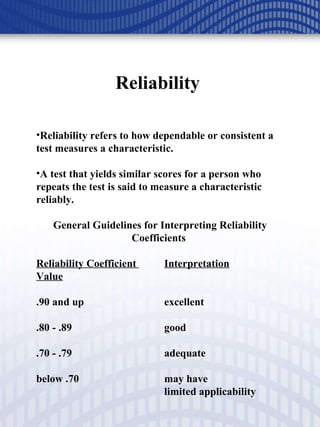 Reliability  Reliability refers to how dependable or consistent a test measures a characteristic.  A test that yields similar scores for a person who repeats the test is said to measure a characteristic reliably. General Guidelines for Interpreting Reliability Coefficients  Reliability Coefficient  Interpretation Value .90 and up  excellent .80 - .89  good .70 - .79  adequate below .70  may have  limited applicability 